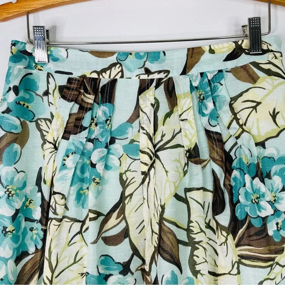 Loft blue brown floral linen silk pleated preppy office midi skirt 4